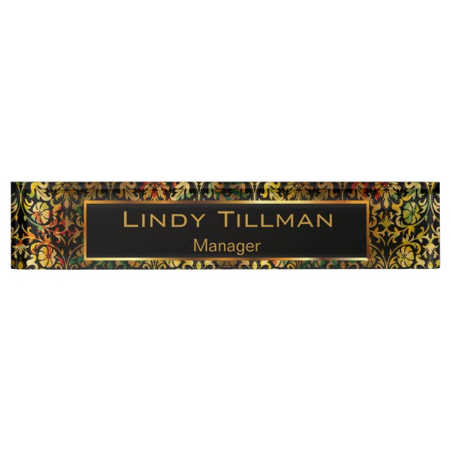 Personalize, Vintage Floral Colours & Black Damask Nameplate (Front)