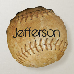 Personalize Vintage White Baseball White stitching Round Pillow