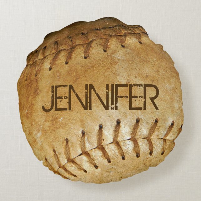 Personalize Vintage White Softball White stitching Round Pillow (Back)