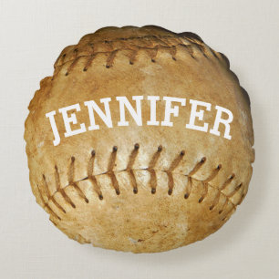 Personalize Vintage White Softball White stitching Round Pillow