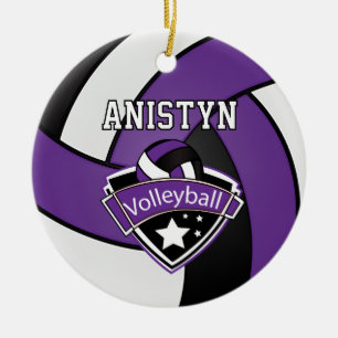Personalize Volleyball in Purple, White and Black Ceramic Ornament