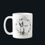 Personalize Watercolor Boston Terrier Blue Wreath Coffee Mug<br><div class="desc">Cute mug for the proud dog mom. The watercolor floral wreath is a spring fresh blue flower and green foliage combo. The Boston Terrier portrait watercolor illustration with custom text add puppy's name or your own. The perfect mug for a dog lover.</div>