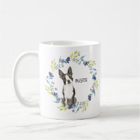 Personalize Watercolor Boston Terrier Blue Wreath