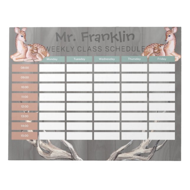 Personalize Watercolor Deer Weekly Class Schedule Notepad (Front)