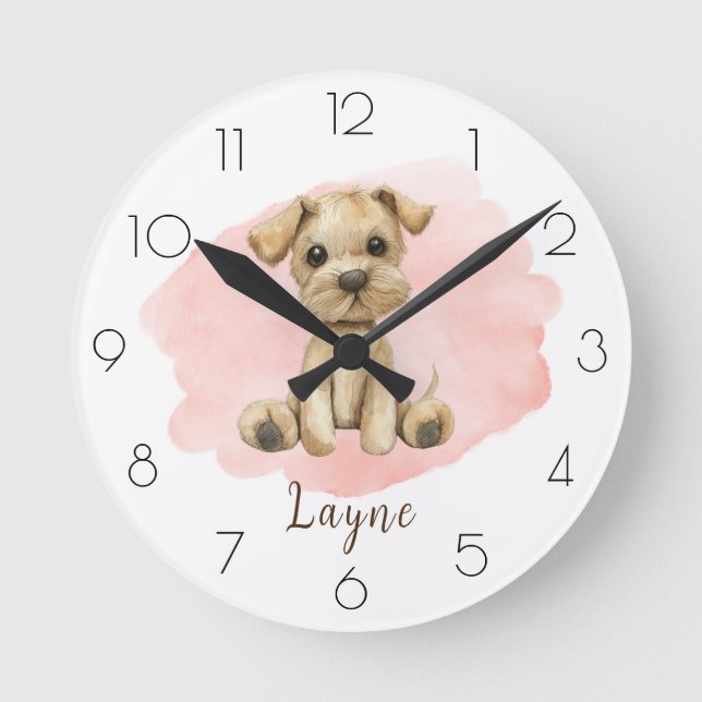 Personalize Watercolor Dog Nursery Girl’s Room Round Clock (Front)