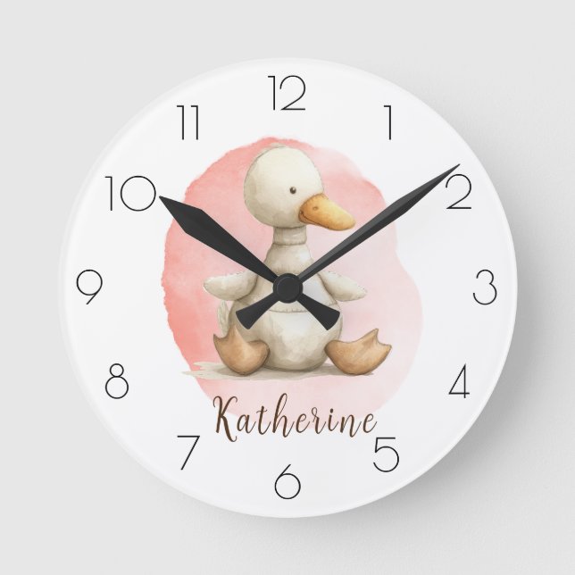 Personalize Watercolor Duck Nursery Girl’s Room Round Clock (Front)