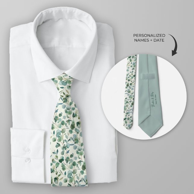 Personalize Watercolor Eucalyptus Tie (Personalized eucalyptus wedding theme neck tie)