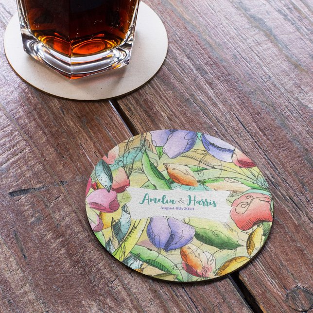 Personalize Watercolor Floral Outlined Coaster (Creator Uploaded)