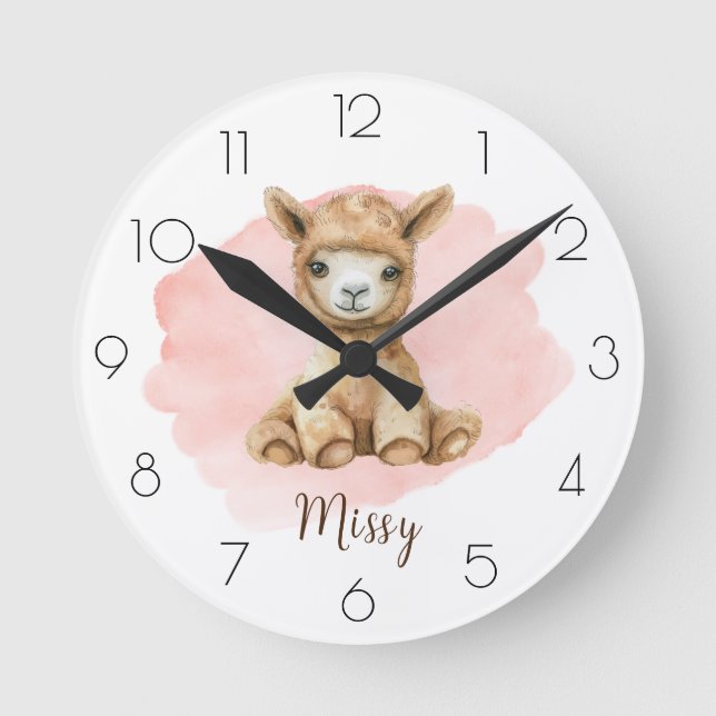 Personalize Watercolor Llama Nursery Girl’s Room Round Clock (Front)