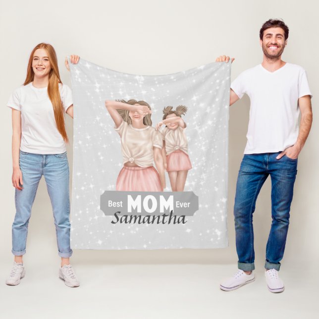 Personalize Watercolor Mother and Daughter | Grey Fleece Blanket (In Situ)