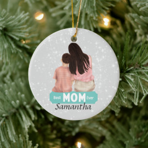 Personalize Watercolor Mother and Son   Grey Ceramic Ornament