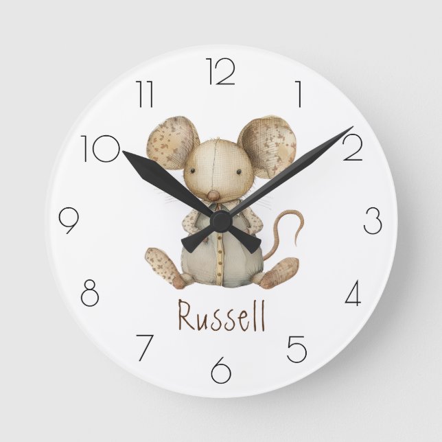 Personalize Watercolor Mouse Nursery Child’s Room Round Clock (Front)