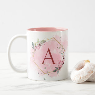 Personalize Watercolor Pink Floral Frame Initial  Two-Tone Coffee Mug