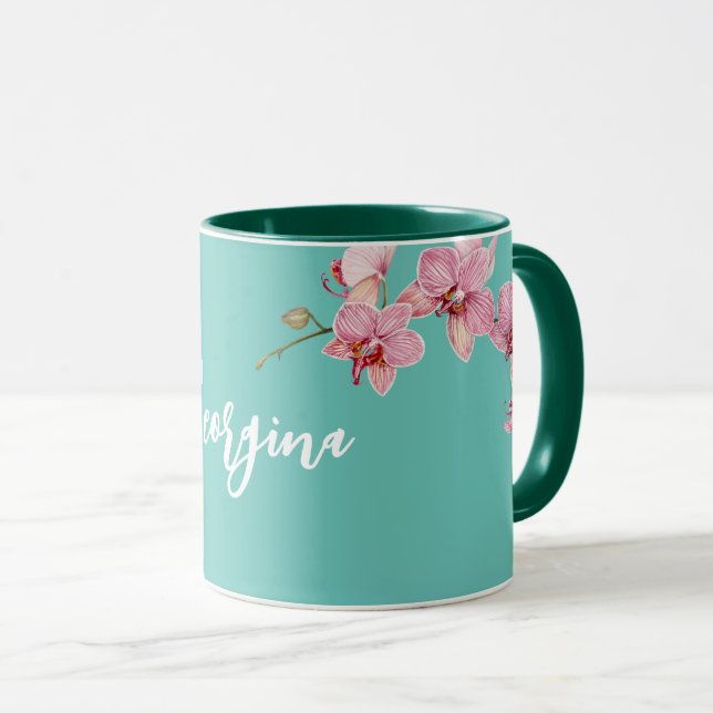 Personalize Watercolor Pink Moth Orchids Flower Mug (Front Right)