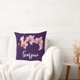 Personalize Watercolor Pink Moth Orchids Flower Throw Pillow