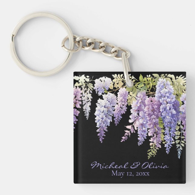 Personalize watercolor wisteria purple floral  keychain (Front)