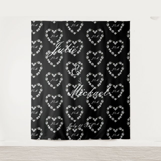 Personalize Wedding Backdrop Black and White Heart Tapestry (Front)