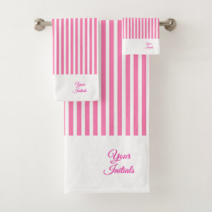 Personalize Wedding Gift Pink Striped White      Bath Towel Set