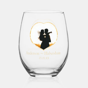 Personalize Wedding Heart Photo Template Name date Stemless Wine Glass