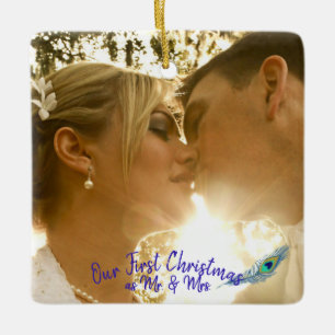 Personalize Wedding Photo Peacock Feather Ceramic  Ornament