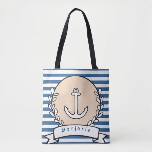 Personalize White Blue Horizontal Stripe Anchor Tote Bag