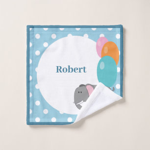 Personalize White Blue Polka Dot Elephant Balloon Wash Cloth