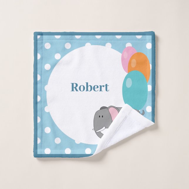 Personalize White Blue Polka Dot Elephant Balloon Wash Cloth (Wash Cloth)