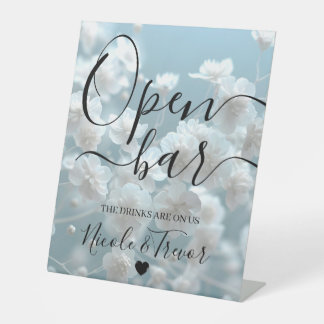 Personalize: White Flowers Blue Wedding Open Bar Pedestal Sign