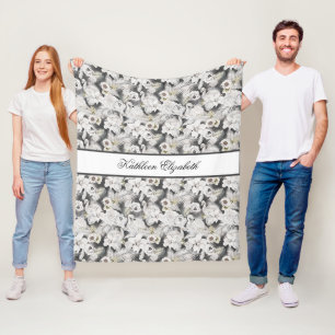 Personalize White Grey Swan Flower Floral Elegant Fleece Blanket