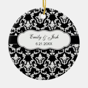 Personalize White on Black Damask Ornament
