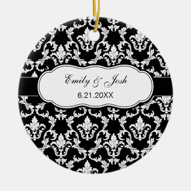 Personalize White on Black Damask Ornament (Front)