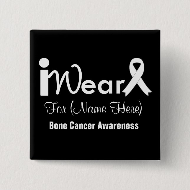 Personalize White Ribbon Bone Cancer 2 Inch Square Button (Front)