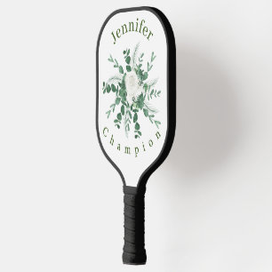 Personalize White Rose and Green Eucalyptus Leaves Pickleball Paddle