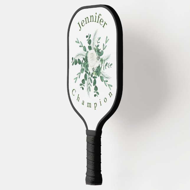 Personalize White Rose and Green Eucalyptus Leaves Pickleball Paddle (Left)