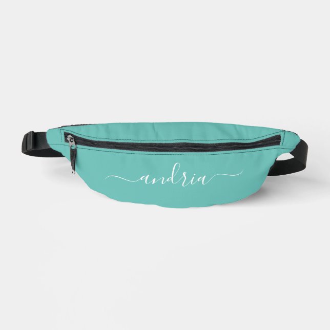 Personalize White Script Name on Light Teal Fanny Pack (Front)
