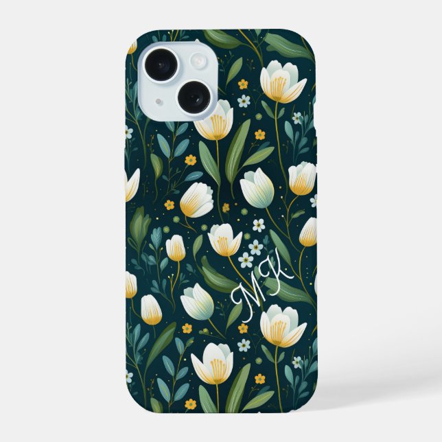 Personalize White Tuplips and Green Floral iPhone 15 Case (Back)