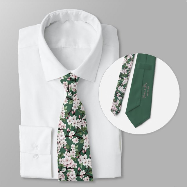 Personalize Wild Cherry Blossom Watercolor Flowers Tie (Personalized neck tie for groom's wedding day.)