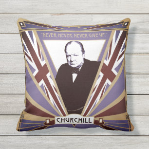 Personalize Winston Churchill Art Deco Union Jack Outdoor Pillow