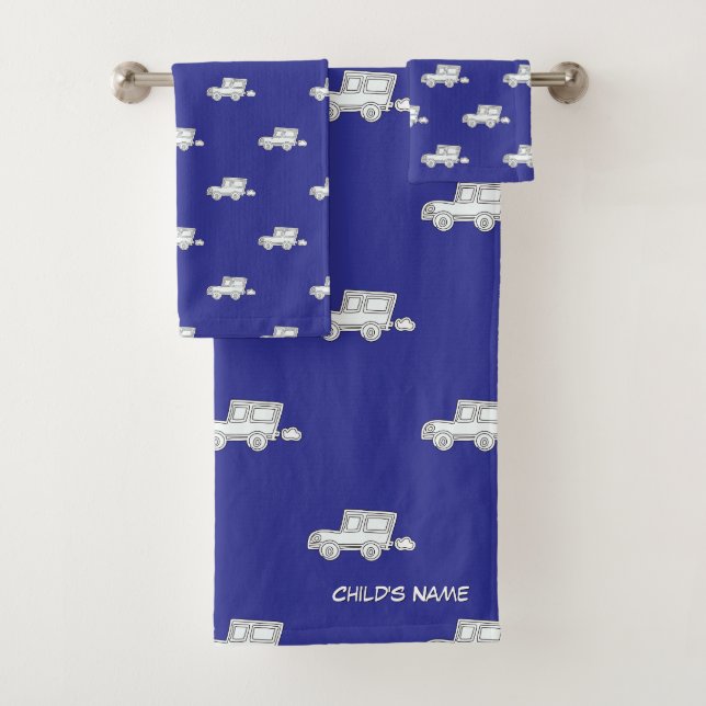 Personalize With Child's Name Funny Car Blue   Bath Towel Set (Insitu)