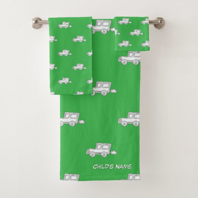 Personalize With Child's Name Funny Car Green    Bath Towel Set (Insitu)