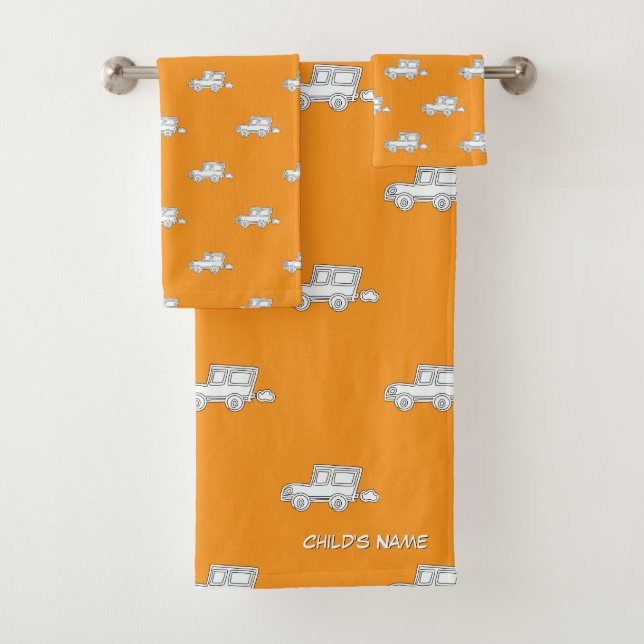 Personalize With Child's Name Funny Car Orange    Bath Towel Set (Insitu)