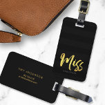 Personalize with Name Faux Gold Miss Black Stripes Luggage Tag<br><div class="desc">Travel in style with this personalized luggage tag featuring the word "Miss" in faux gold foil brush script against a black stripes pattern background. If you wish to make your name stand out better against the dark background, change the font colour to a lighter colour or for a gold-like colour...</div>