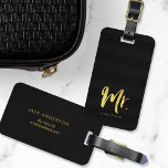 Personalize with Name Faux Gold Mr Black Stripes Luggage Tag<br><div class="desc">Stylish personalized luggage tag featuring the word "Mr" in faux gold foil brush script against a black stripes pattern background. It makes great gifts for newly weds or anniversaries. If you wish to make your name stand out better against the dark background, change the font colour to a lighter colour...</div>