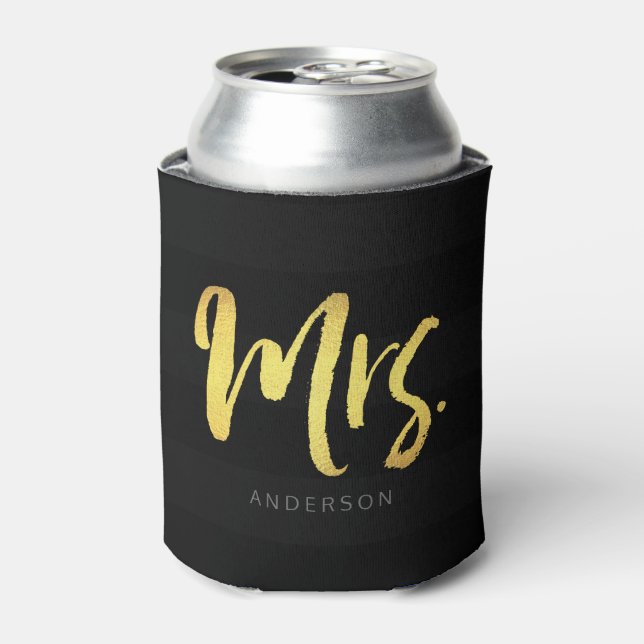 Personalize with Name Faux Gold Mrs Black Stripes Can Cooler (Can Front)