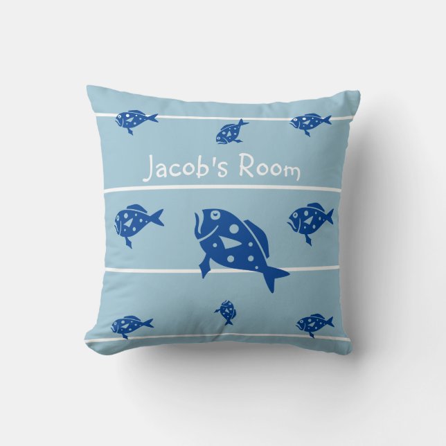 Personalize with name fish pillow blues and white (Front)