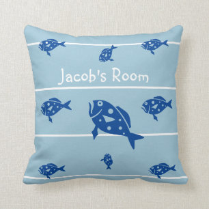 Personalize with name fish pillow blues and white