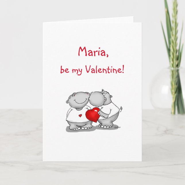 Personalize with name - Hippo Kiss Valentine's Day Holiday Card (Front)