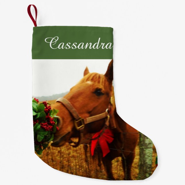 Personalize with name / horse red bow & Mistletoe Small Christmas Stocking (Front)