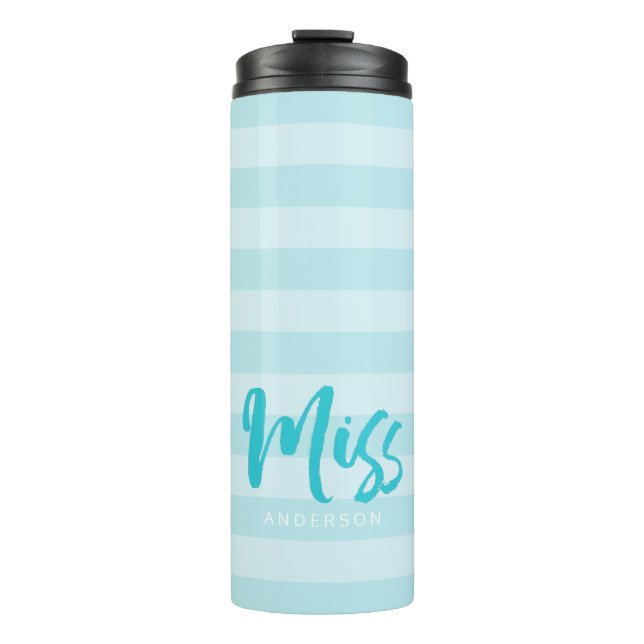 Personalize with Name Miss Preppy Blue Stripes Thermal Tumbler (Front)