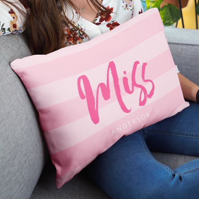 Personalize with Name Miss Preppy Pink Stripes Lumbar Pillow (Creator Uploaded)